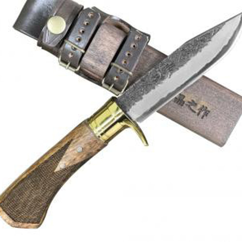 土佐アウトドア剣鉈120 黒槌 真鍮ﾂﾊﾞ 青2 木柄木鞘ｵｲﾙｽﾃﾝ/皮ﾊﾞﾝﾄﾞ