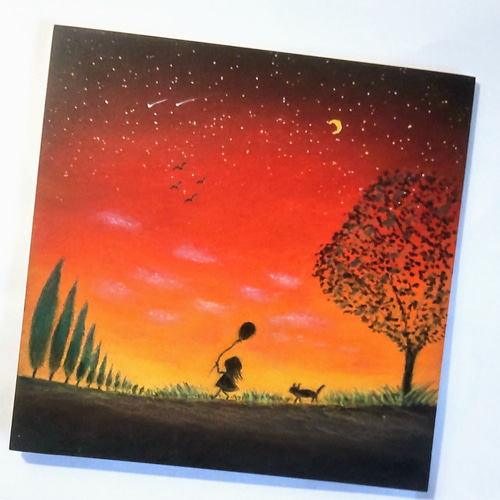 夕陽のセレナーデ　　絵画原画 日が沈む 明日があるさ♪ 夕日の空に包まれ 我が家に帰ろう！【原画