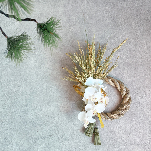 2023新作 ◎胡蝶蘭＆稲穂のしめ縄飾り◎ アーティフィシャルフラワー