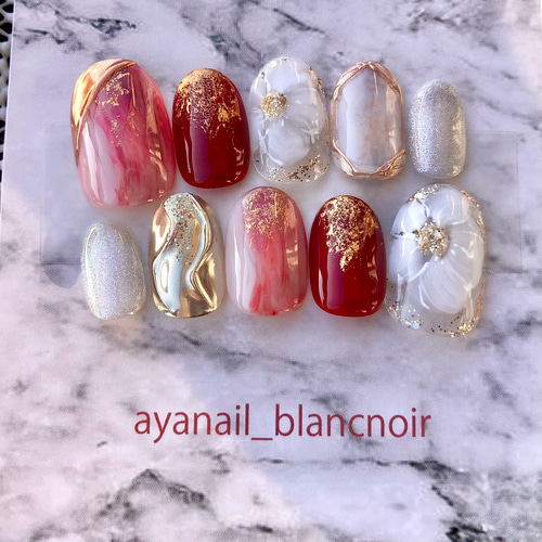 サイズオーダー ネイルチップ 5340 レッド ブラウン 赤 着物 成人式  