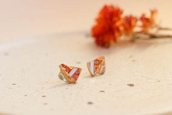 訂製伊凡裡燒金繼耳環/貝殼紅金花卉圖案傳統工藝聖誕節日式服裝 第8張的照片