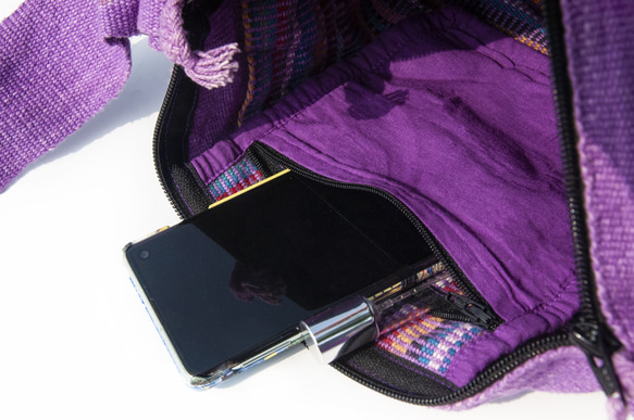 ナチュラル手織りクロスボディバッグ/手織りサイドバッグ/帆布バッグ/ショルダーバッグ/携帯電話バッグ-レインボータッセルバッグク 5枚目の画像