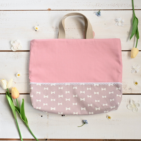 受注制作<サイズ変更可>リボン×レースのうさぎちゃんレッスンバッグ　女の子（ピンク×シンプルリボン柄）入園入学 5枚目の画像