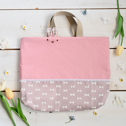 受注制作<サイズ変更可>リボン×レースのうさぎちゃんレッスンバッグ　女の子（ピンク×シンプルリボン柄）入園入学 4枚目の画像