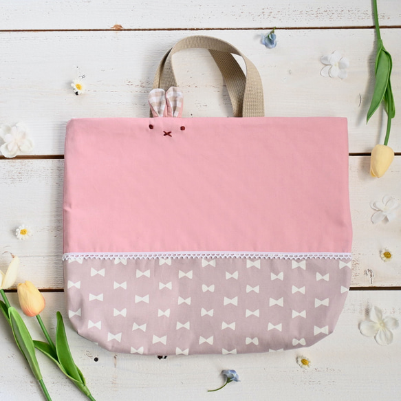 受注制作<サイズ変更可>リボン×レースのうさぎちゃんレッスンバッグ　女の子（ピンク×シンプルリボン柄）入園入学 4枚目の画像