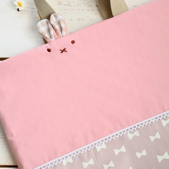 受注制作<サイズ変更可>リボン×レースのうさぎちゃんレッスンバッグ　女の子（ピンク×シンプルリボン柄）入園入学 2枚目の画像