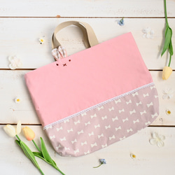 受注制作<サイズ変更可>リボン×レースのうさぎちゃんレッスンバッグ　女の子（ピンク×シンプルリボン柄）入園入学 1枚目の画像