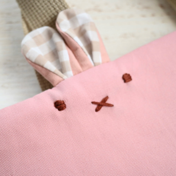 受注制作<サイズ変更可>リボン×レースのうさぎちゃんレッスンバッグ　女の子（ピンク×シンプルリボン柄）入園入学 3枚目の画像