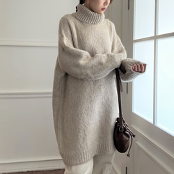 全4色】モヘアタッチ シャギー タートルネック チュニック丈ニット
