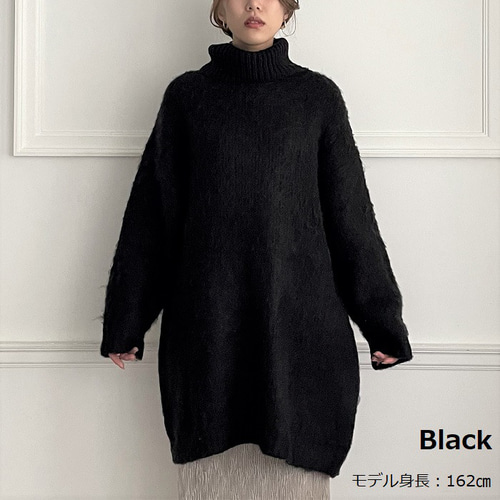 全4色】モヘアタッチ シャギー タートルネック チュニック丈ニット
