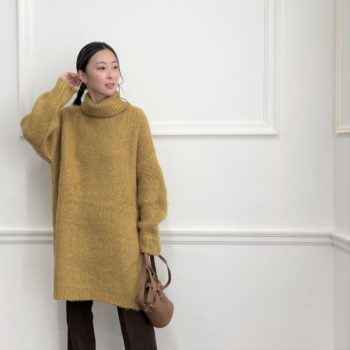 全4色】モヘアタッチ シャギー タートルネック チュニック丈ニット