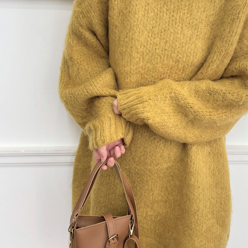 全4色】モヘアタッチ シャギー タートルネック チュニック丈ニット