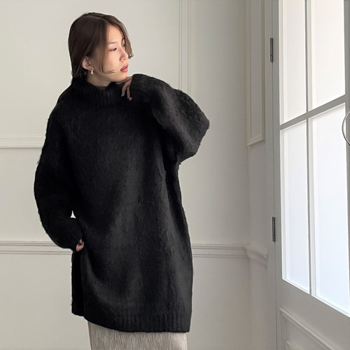 全4色】モヘアタッチ シャギー タートルネック チュニック丈ニット