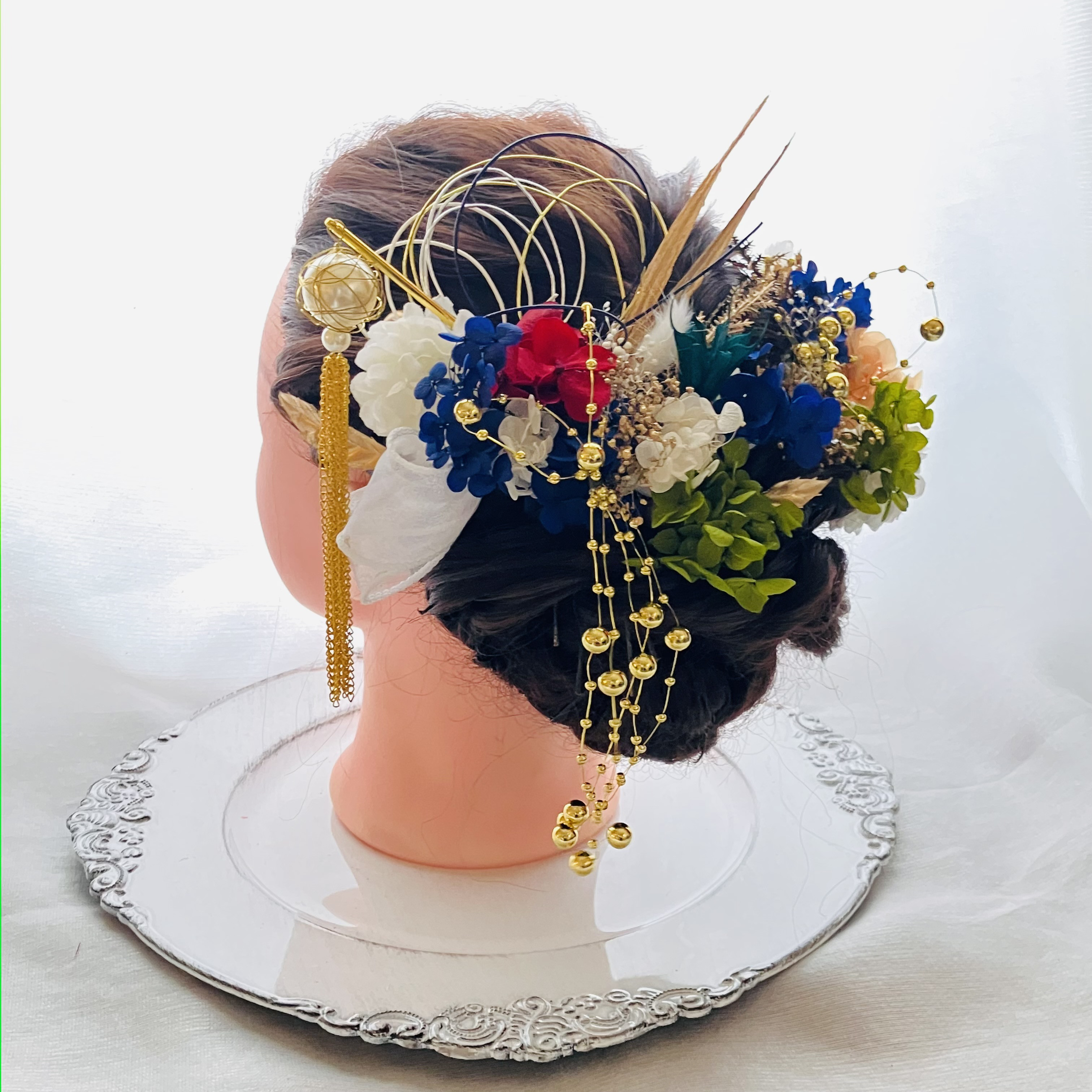成人式髪飾り　ブルー&ゴールド系　プリザーブドフラワー　結婚式髪飾り　和装　成人式　髪飾り　卒業式　振袖　袴