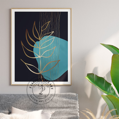 モダンボタニカルアート 北欧風ゴールドリーフ 抽象的な植物画 黒背景