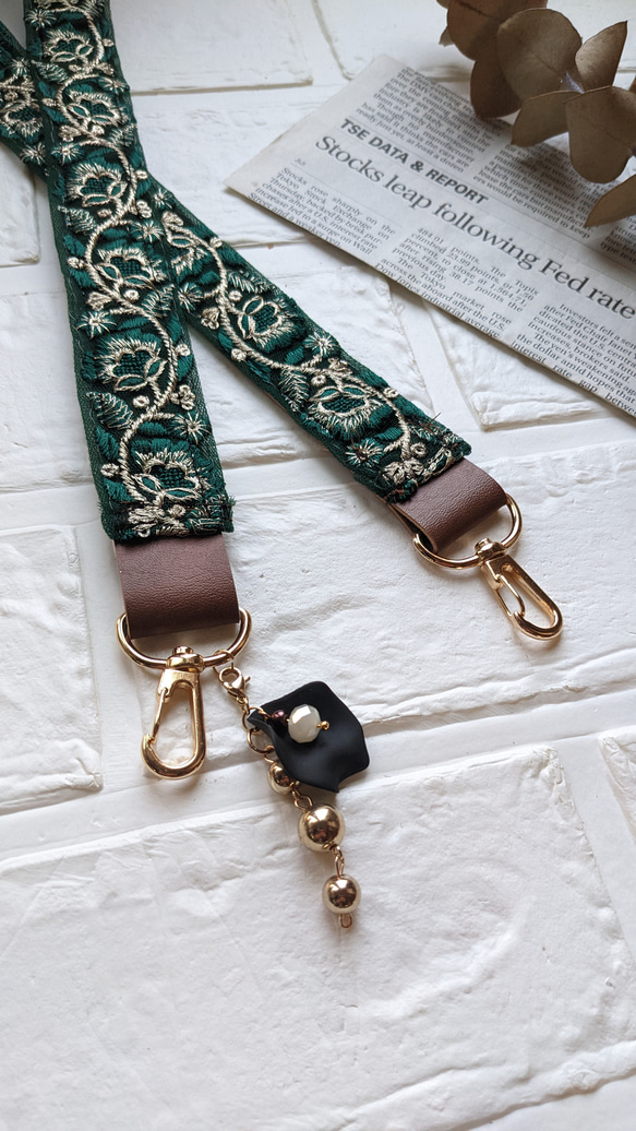 1点もの☆インド刺繍リボンショルダーストラップ♡グリーン