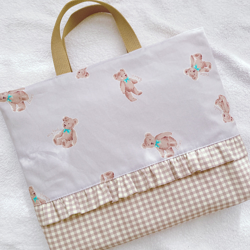 3、テディベア レッスンバッグ 上履き入れ ハンドメイド フリル