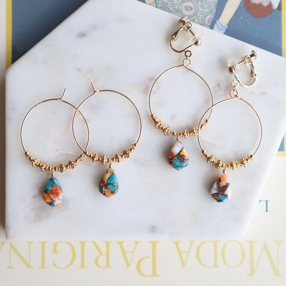 Oyster copper turquoise marquise hoop pierce/earring 1枚目の画像