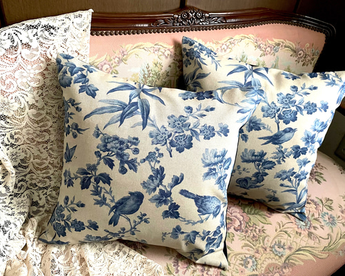 イギリス製生地 シノワズリ AMERIA(ブルー) クッションカバー② 45×45