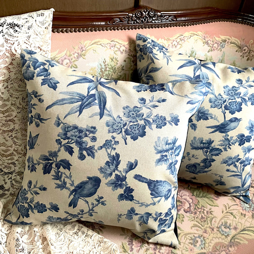 イギリス製生地 シノワズリ AMERIA(ブルー) クッションカバー② 45×45