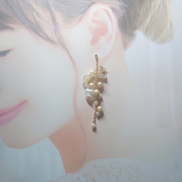 ☆❤️  花びら　パール　ジャラジャラ　ピアス　イヤリング　ハンドメイド ☆❤️ 花びら パール ジャラジャラ ピアス イヤリング ハンドメイド