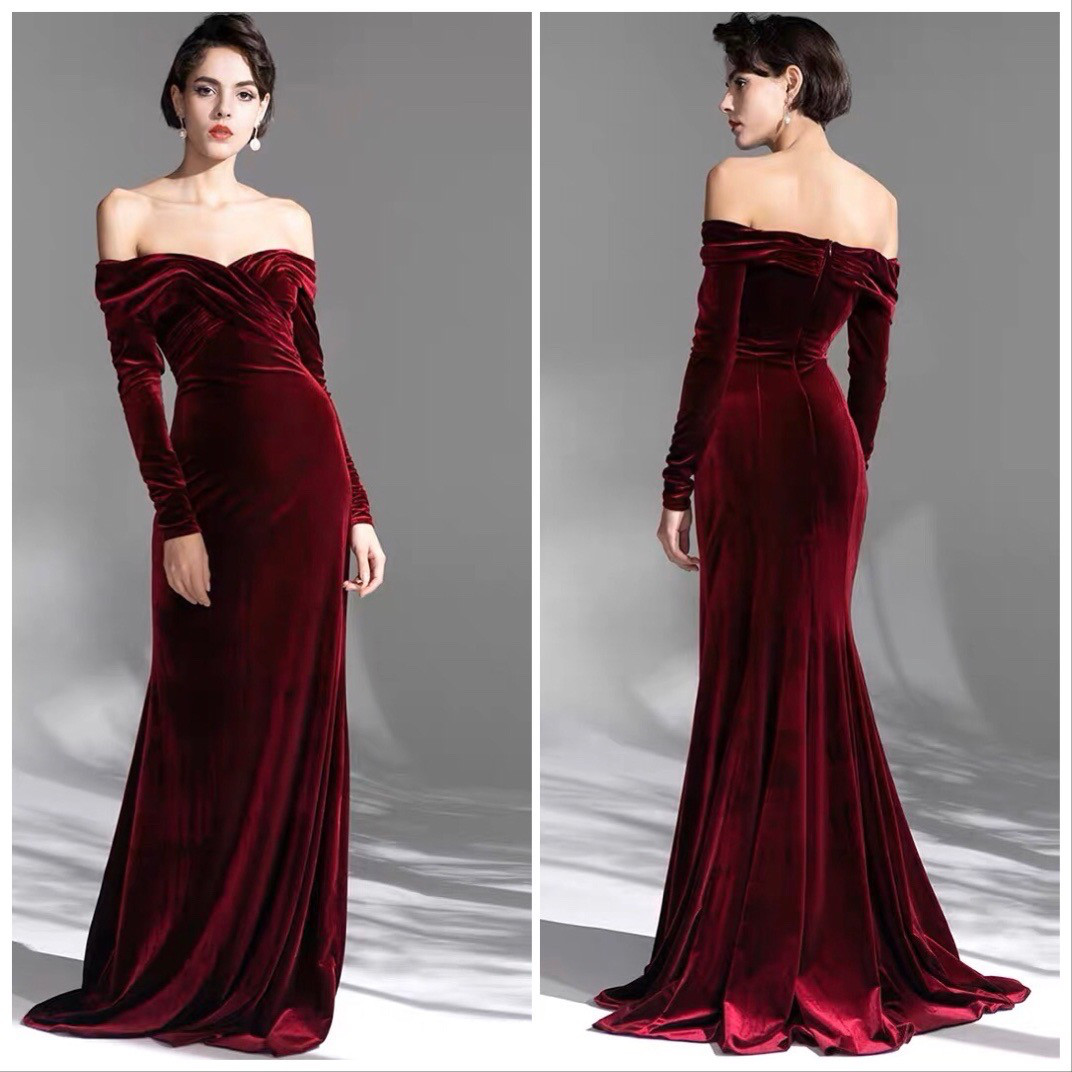 オフショルダー ワインカラーパーティドレス