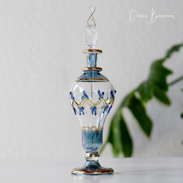 GOLD［Mサイズ］エジプトガラス香水瓶 パフュームボトル アロマオイル ブルー 2枚目の画像