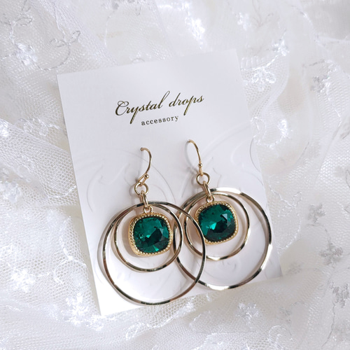 グリーン｜高品質クリスタル・華やか 大ぶり フープピアス(イヤリング