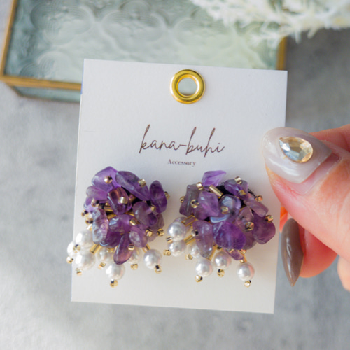 サージカルステンレス革タグさざれ石イヤリングピアス