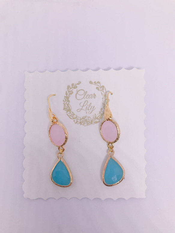 pink and blue pastelcolor♡ピンクとブルーのパステル色ピアス♡幸せ色のゆれるピアスK18GF 2枚目の画像