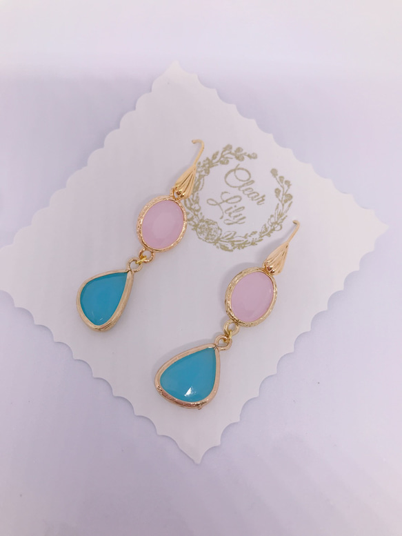 pink and blue pastelcolor♡ピンクとブルーのパステル色ピアス♡幸せ色のゆれるピアスK18GF 1枚目の画像