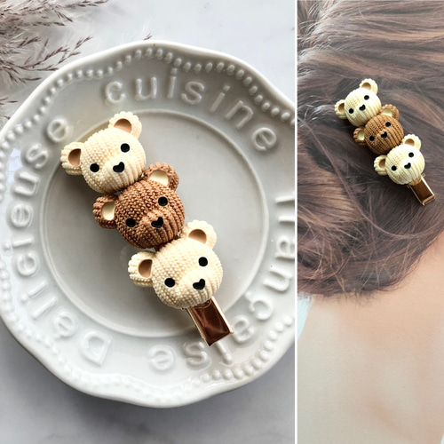 ニット風 クマ くま カボション 髪留め ヘアクリップ ハンドメイド