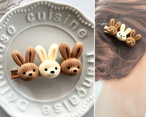 ニット風 うさぎ ウサギ カボション 髪留め ヘアクリップ ハンドメイド 