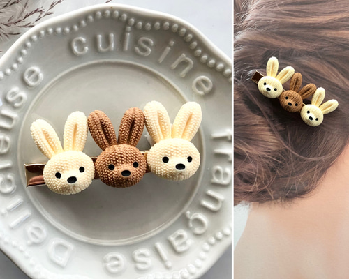 ニット風 うさぎ ウサギ カボション 髪留め ヘアクリップ