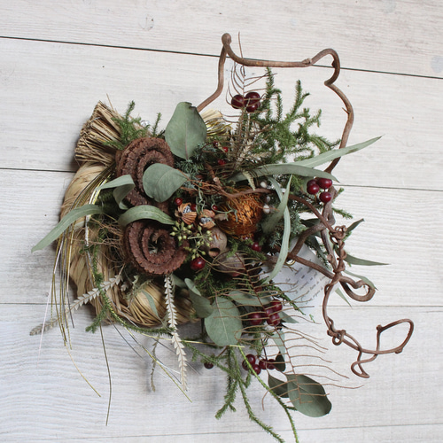 2WAYしめ縄】シープヘッドとキウイのつるリース 変形リース ドライ