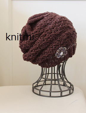 【たっぷりウール】しめつけない 北欧 ニット ベレー帽子 コサージュ　ダークブラウン　こげ茶