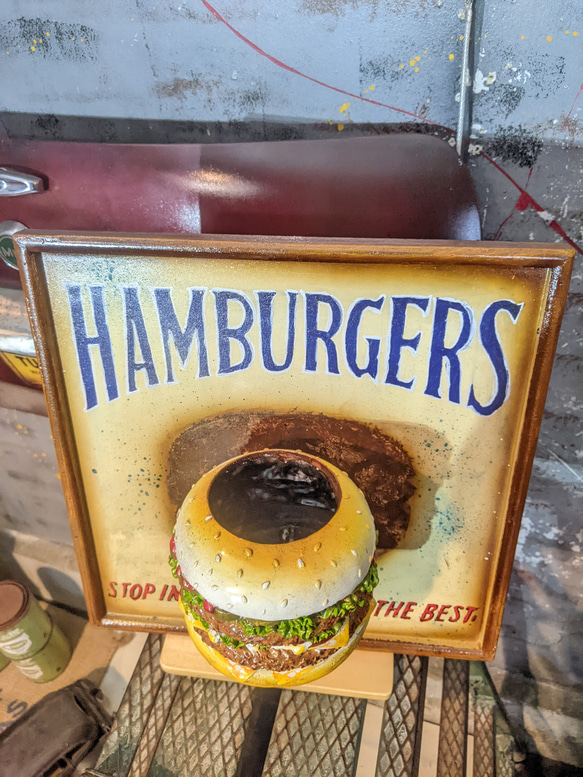 アメリカンダイナー/ ハンバーガー屋さん 吊り下げ看板/ サインボード & ハンバーガー容器/ フライヤートレイ 9枚目の画像