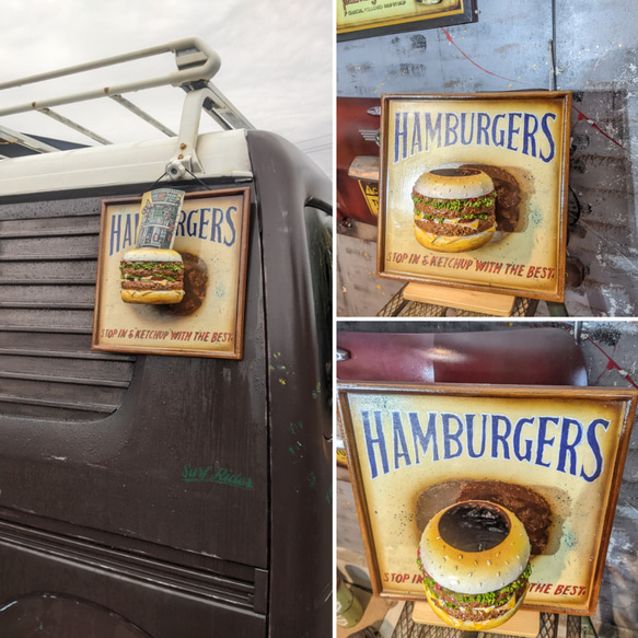 アメリカンダイナー/ ハンバーガー屋さん 吊り下げ看板/ サインボード & ハンバーガー容器/ フライヤートレイ 5枚目の画像
