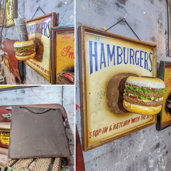 アメリカンダイナー/ ハンバーガー屋さん 吊り下げ看板/ サインボード & ハンバーガー容器/ フライヤートレイ 6枚目の画像