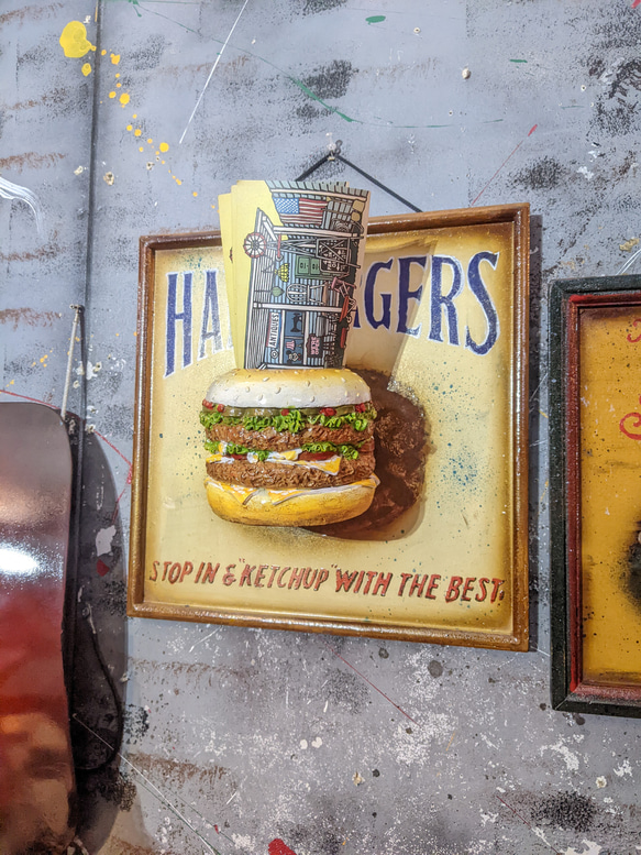 アメリカンダイナー/ ハンバーガー屋さん 吊り下げ看板/ サインボード & ハンバーガー容器/ フライヤートレイ 2枚目の画像