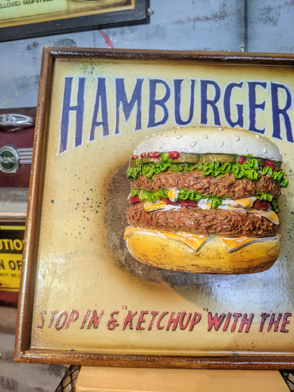 アメリカンダイナー/ ハンバーガー屋さん 吊り下げ看板/ サインボード & ハンバーガー容器/ フライヤートレイ 10枚目の画像