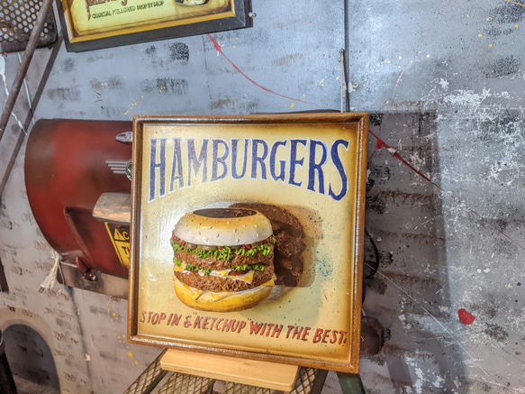 アメリカンダイナー/ ハンバーガー屋さん 吊り下げ看板/ サインボード & ハンバーガー容器/ フライヤートレイ 3枚目の画像