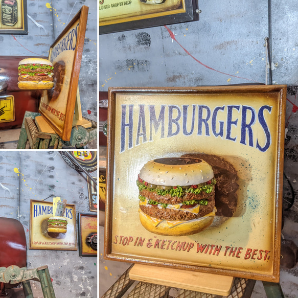 アメリカンダイナー/ ハンバーガー屋さん 吊り下げ看板/ サインボード & ハンバーガー容器/ フライヤートレイ 7枚目の画像