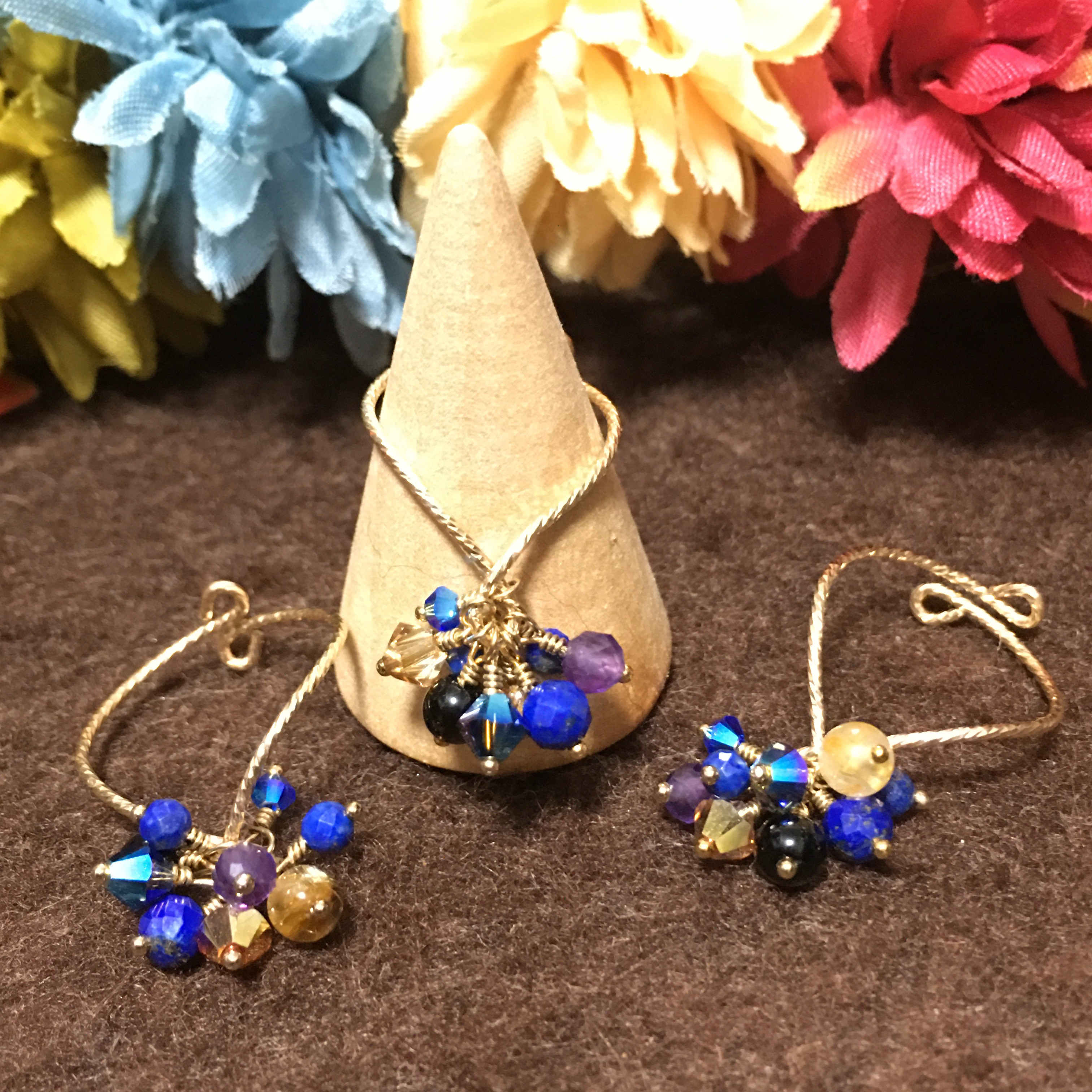 【14kgf】【フリーサイズ】【幸せと成功】モリオンと宝石質ラピスラズリ、ルチルクオーツ、アメジストのリング