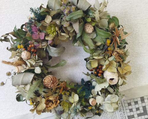 送料無料）ドライフラワーリース アンティークなあじさいと、 ドライ