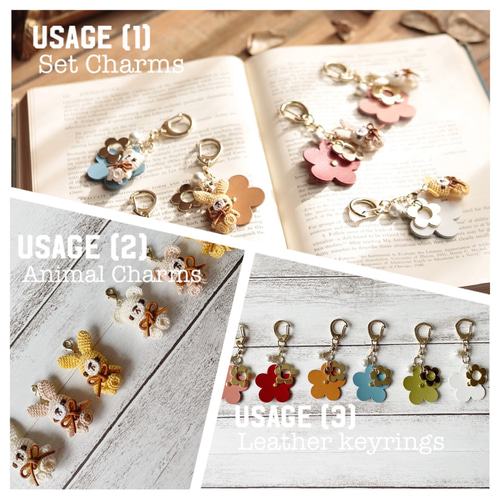 本革リバーシブルキーホルダー✳︎リバティ 花×あみぐるみ✳︎うさぎ