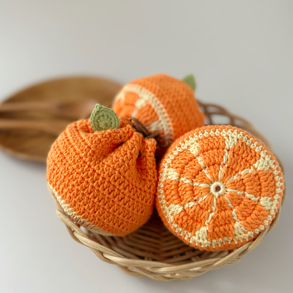 ころんと飾れるみかんの巾着袋 巾着ポーチ ミニポーチ 小物入れ