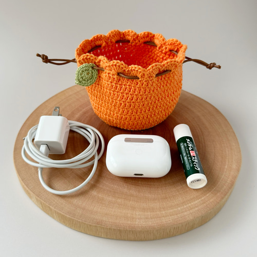 ころんと飾れるみかんの巾着袋 巾着ポーチ ミニポーチ 小物入れ