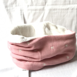 ふんわり六重織ガーゼ×ラビットボアのスヌード　限定色ピンク　リボン　fuwara 1枚目の画像