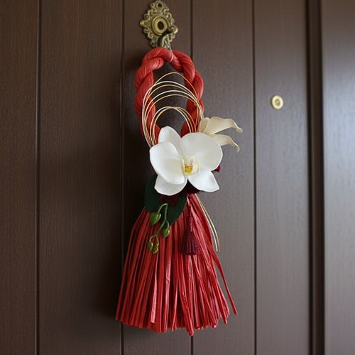 お正月飾り2026 赤い胡蝶蘭 しめ縄リース胡蝶蘭赤 お正月飾り しめ縄飾り おしゃれ しめ縄